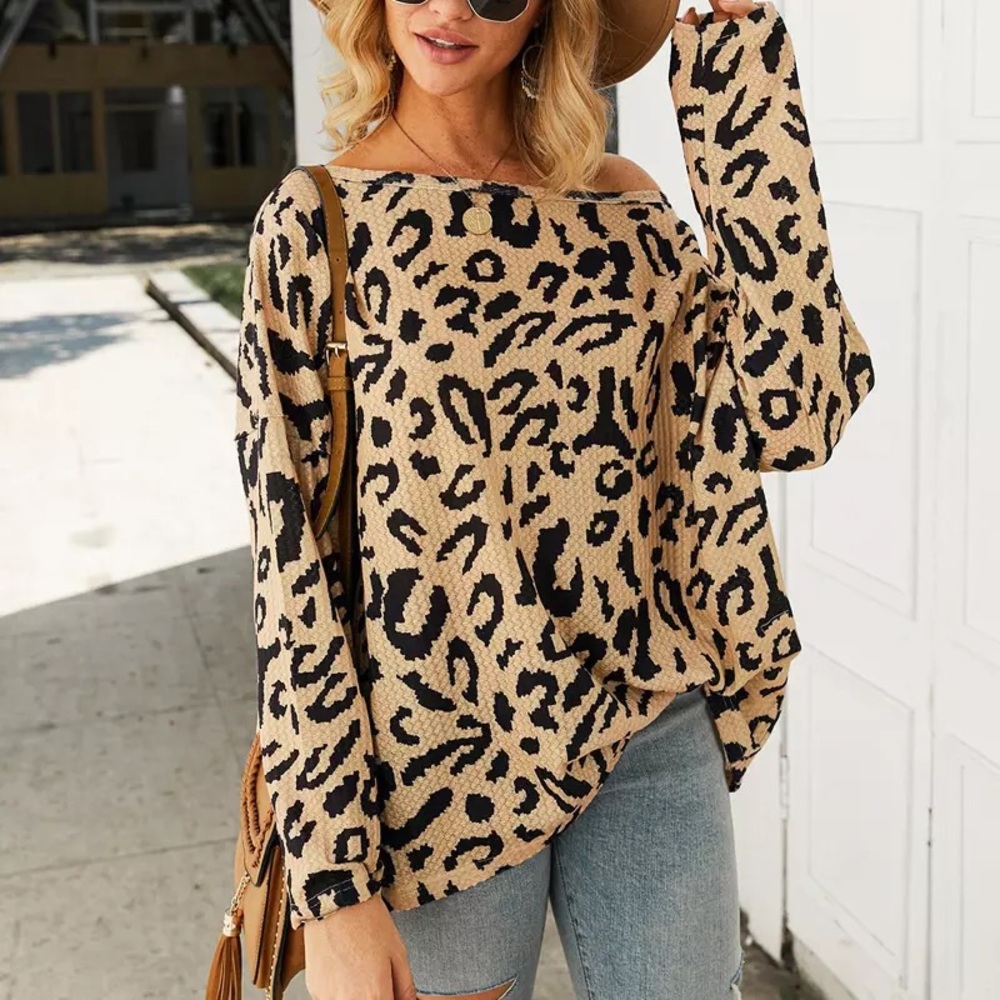 SOLD OUT CLEARANCE Beige Leopard Waffle Off Shoulder Long Sleeve Top - Picture 3 of 5
